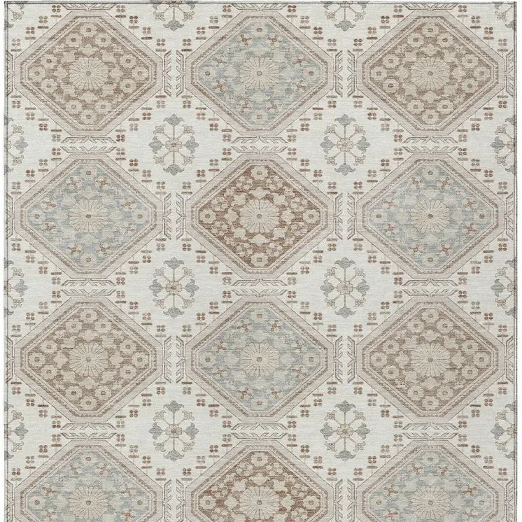 3' X 5' Ivory And Brown Floral Washable Indoor Outdoor Area Rug