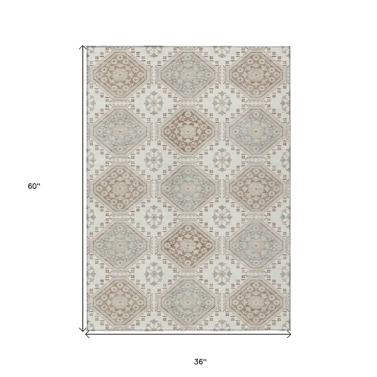 3' X 5' Ivory And Brown Floral Washable Indoor Outdoor Area Rug