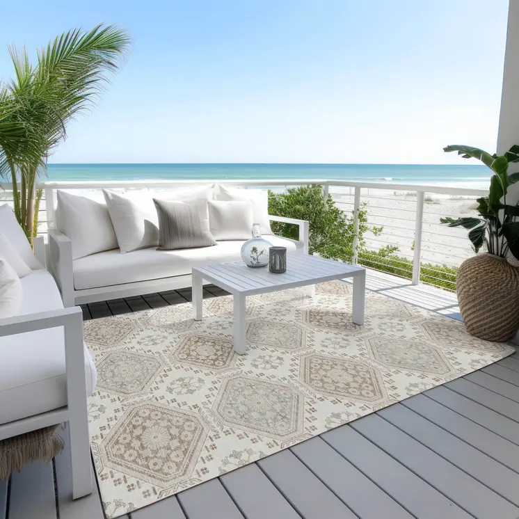 3' X 5' Ivory And Brown Floral Washable Indoor Outdoor Area Rug