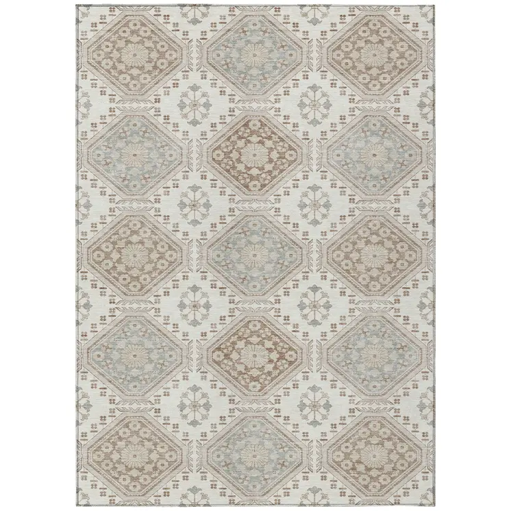3' X 5' Ivory And Brown Floral Washable Indoor Outdoor Area Rug
