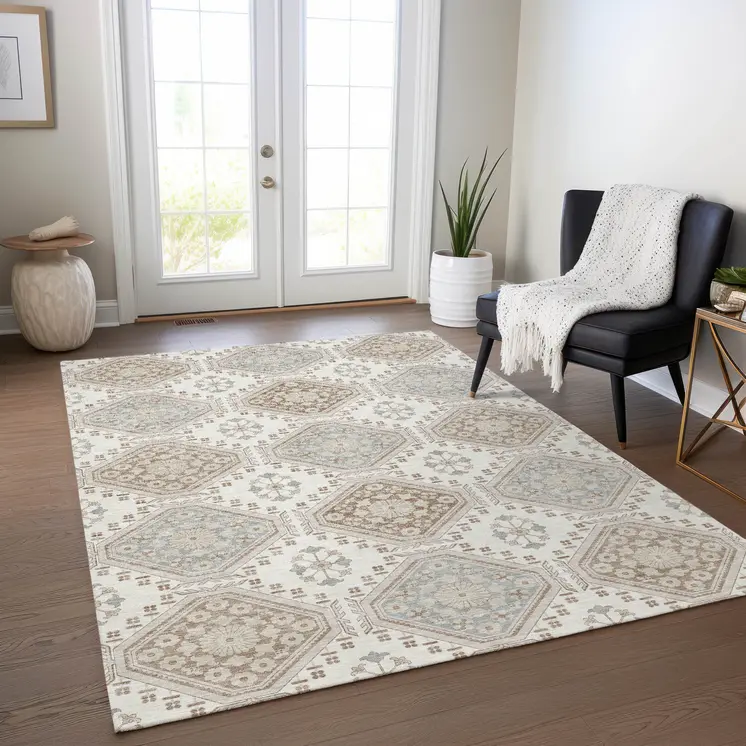 3' X 5' Ivory And Brown Floral Washable Indoor Outdoor Area Rug