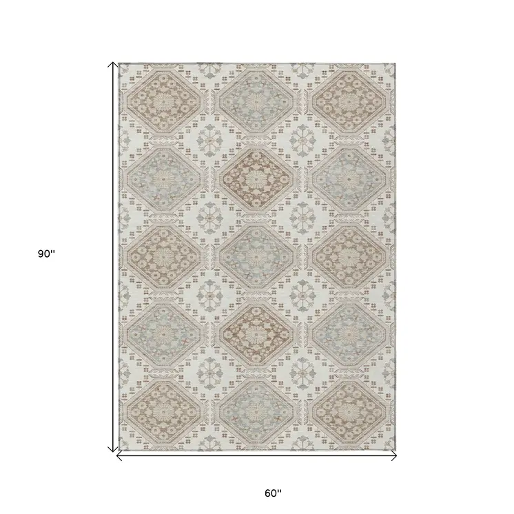 5' X 8' Ivory And Brown Floral Washable Indoor Outdoor Area Rug