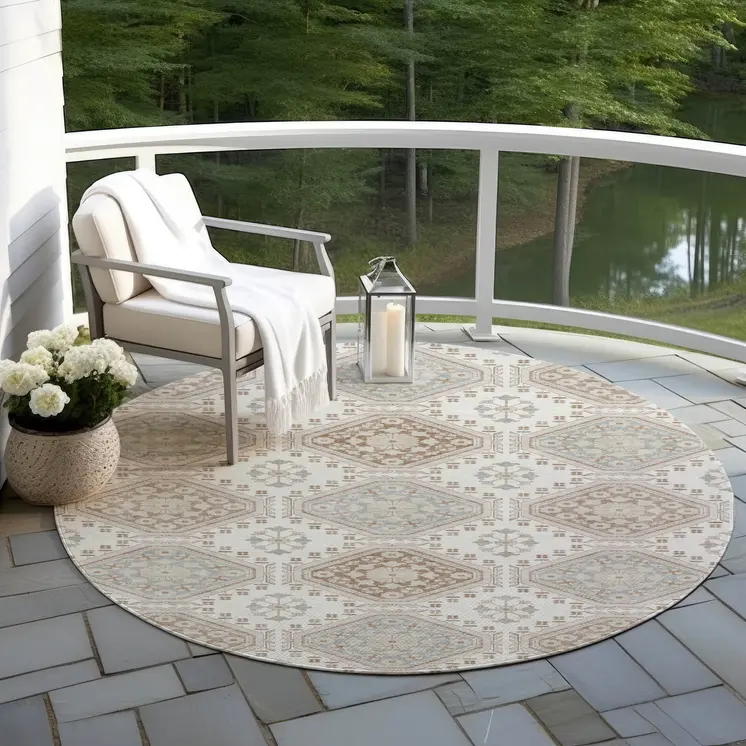 8' Ivory And Brown Round Floral Washable Indoor Outdoor Area Rug
