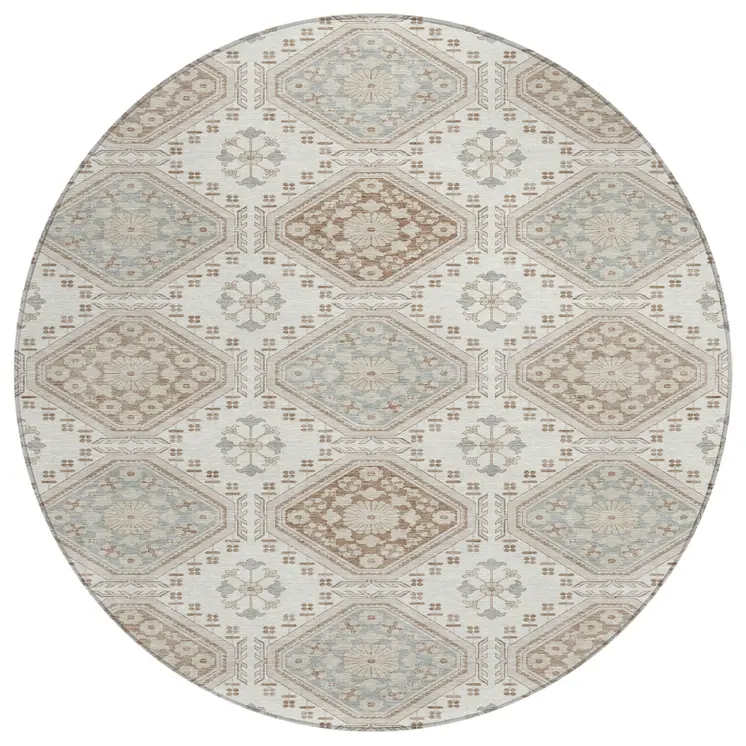 8' Ivory And Brown Round Floral Washable Indoor Outdoor Area Rug