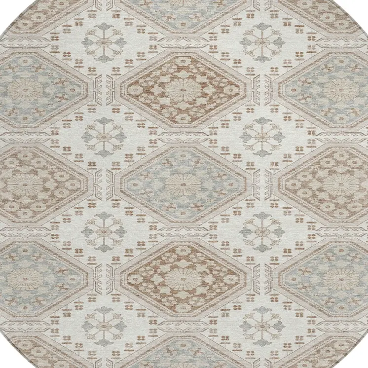 8' Ivory And Brown Round Floral Washable Indoor Outdoor Area Rug