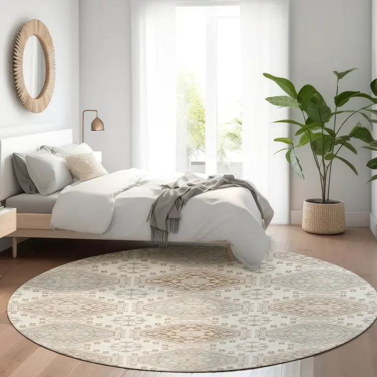 8' Ivory And Brown Round Floral Washable Indoor Outdoor Area Rug