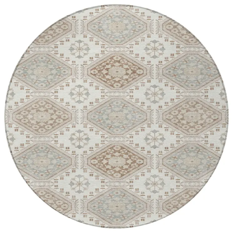8' Ivory And Brown Round Floral Washable Indoor Outdoor Area Rug