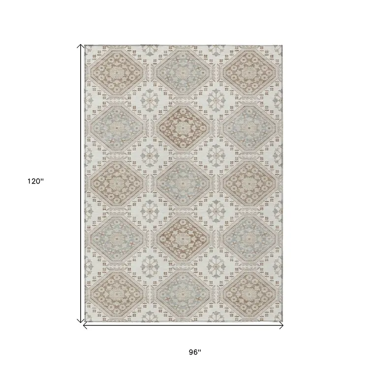 8' X 10' Ivory And Brown Floral Washable Indoor Outdoor Area Rug