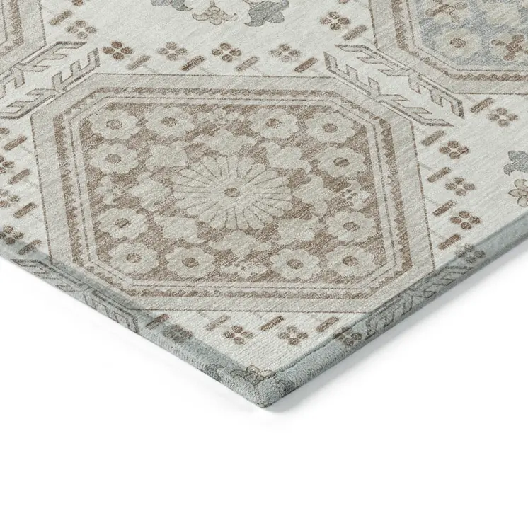 8' X 10' Ivory And Brown Floral Washable Indoor Outdoor Area Rug