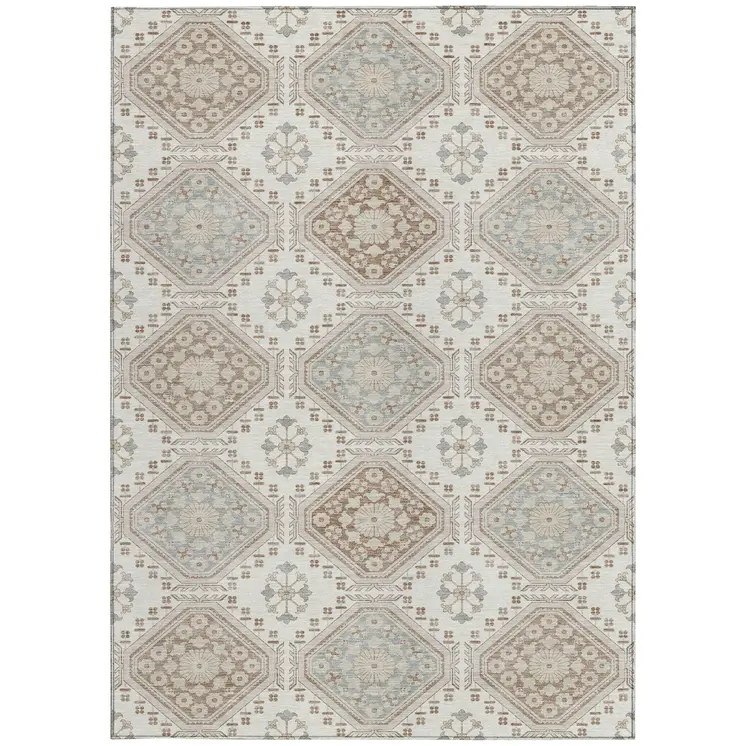 8' X 10' Ivory And Brown Floral Washable Indoor Outdoor Area Rug