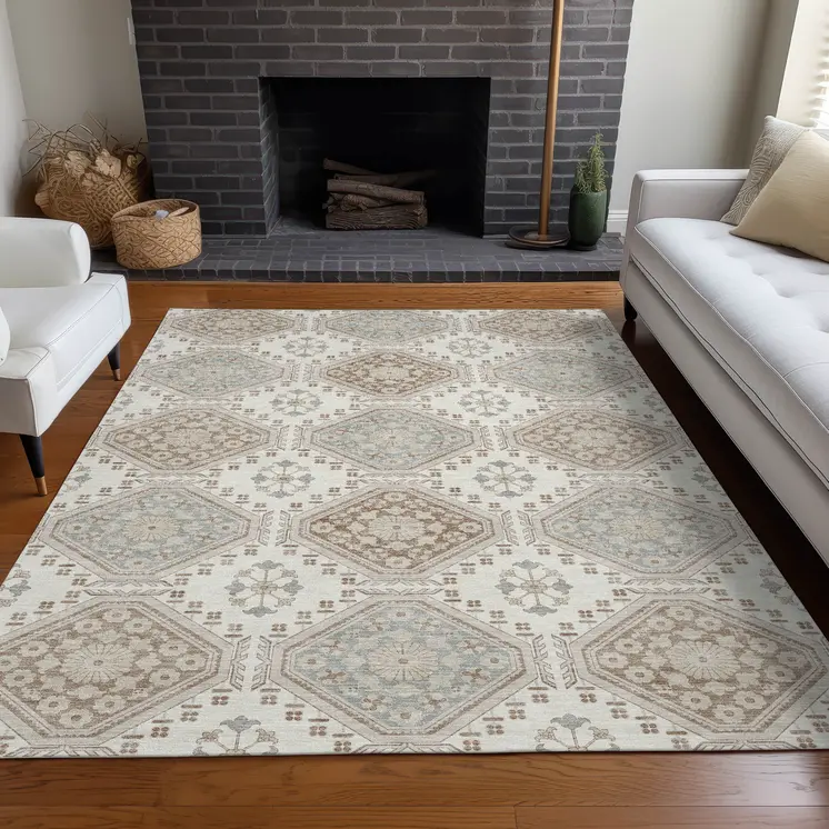 8' X 10' Ivory And Brown Floral Washable Indoor Outdoor Area Rug
