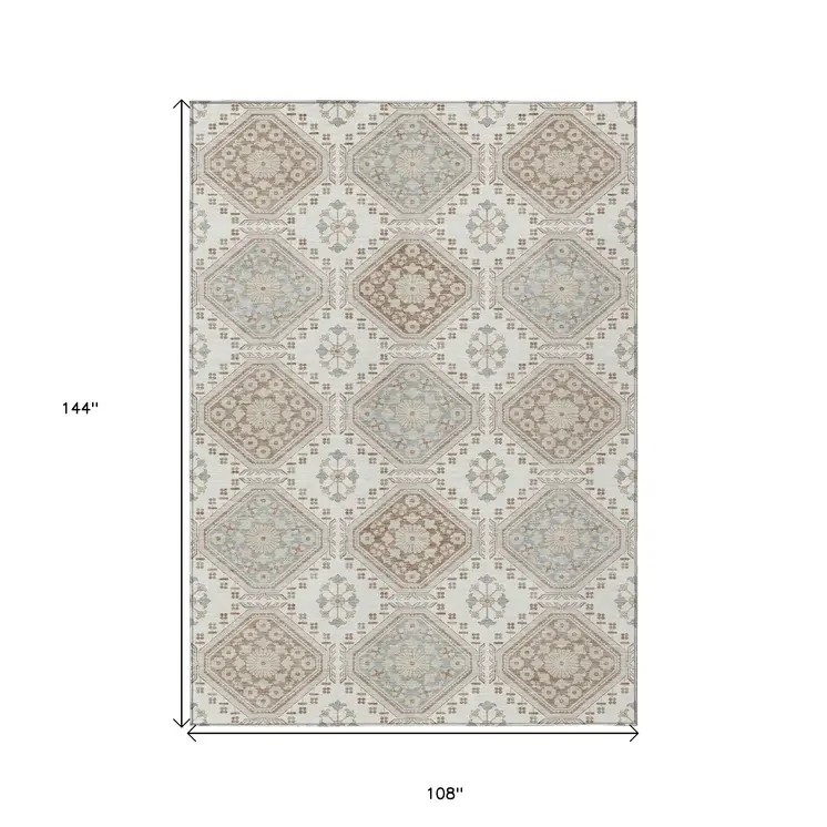 9' X 12' Ivory And Brown Floral Washable Indoor Outdoor Area Rug