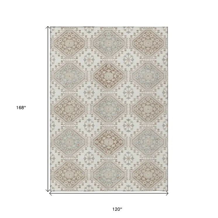 10' X 14' Ivory And Brown Floral Washable Indoor Outdoor Area Rug