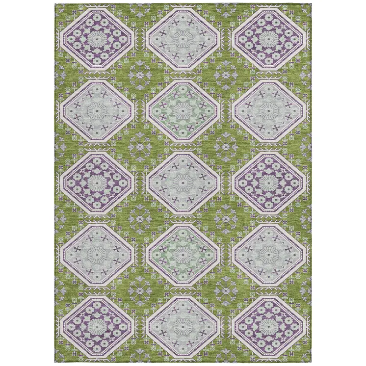 3' X 5' Lime Green And Ivory Floral Washable Indoor Outdoor Area Rug