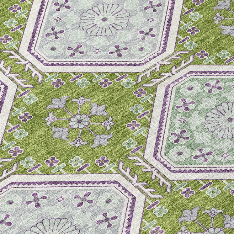 3' X 5' Lime Green And Ivory Floral Washable Indoor Outdoor Area Rug