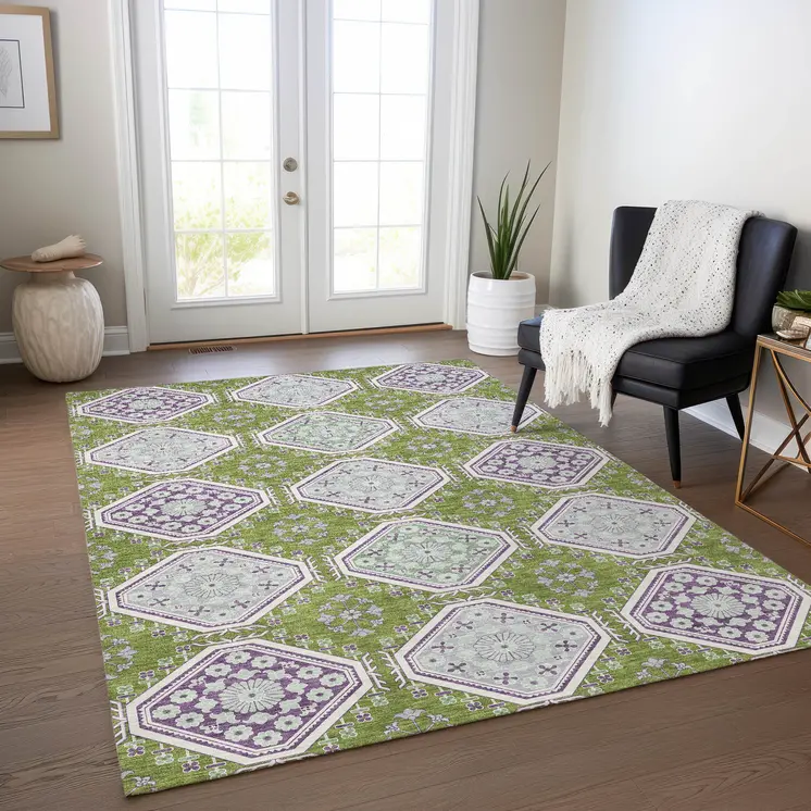3' X 5' Lime Green And Ivory Floral Washable Indoor Outdoor Area Rug