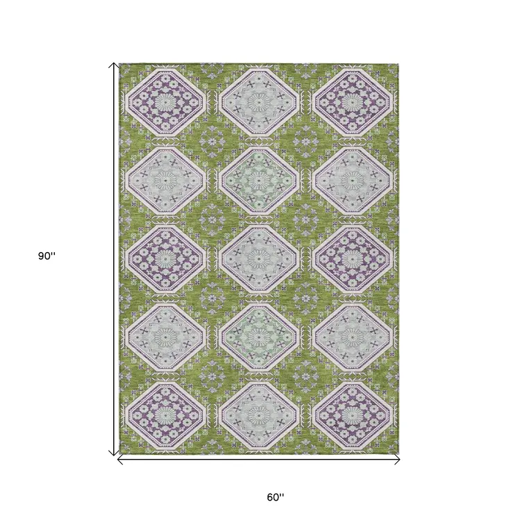 5' X 8' Lime Green And Ivory Floral Washable Indoor Outdoor Area Rug