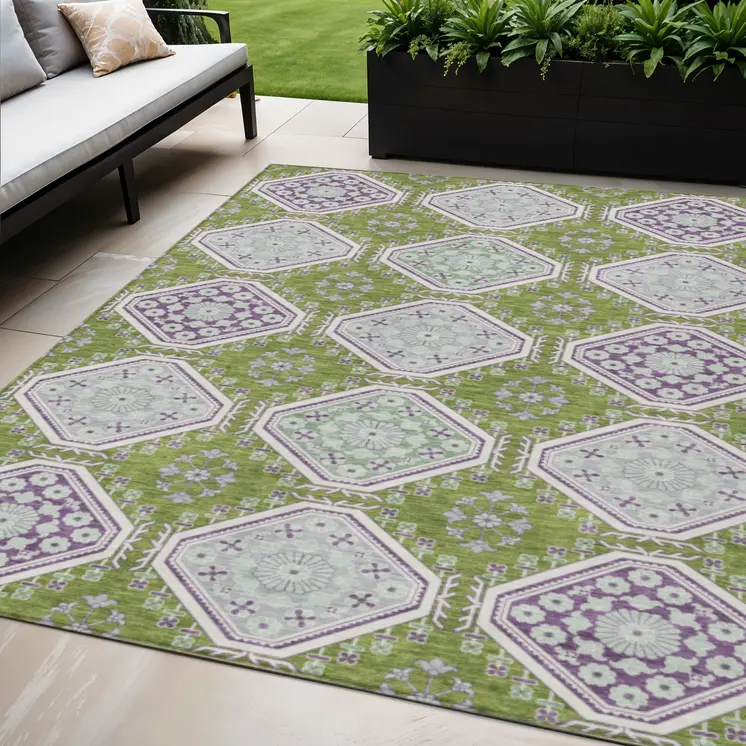 5' X 8' Lime Green And Ivory Floral Washable Indoor Outdoor Area Rug