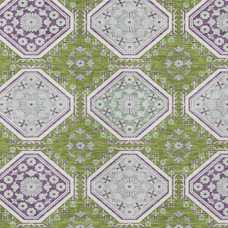 5' X 8' Lime Green And Ivory Floral Washable Indoor Outdoor Area Rug