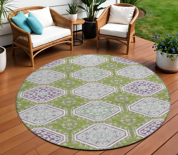 8' Lime Green And Ivory Round Floral Washable Indoor Outdoor Area Rug