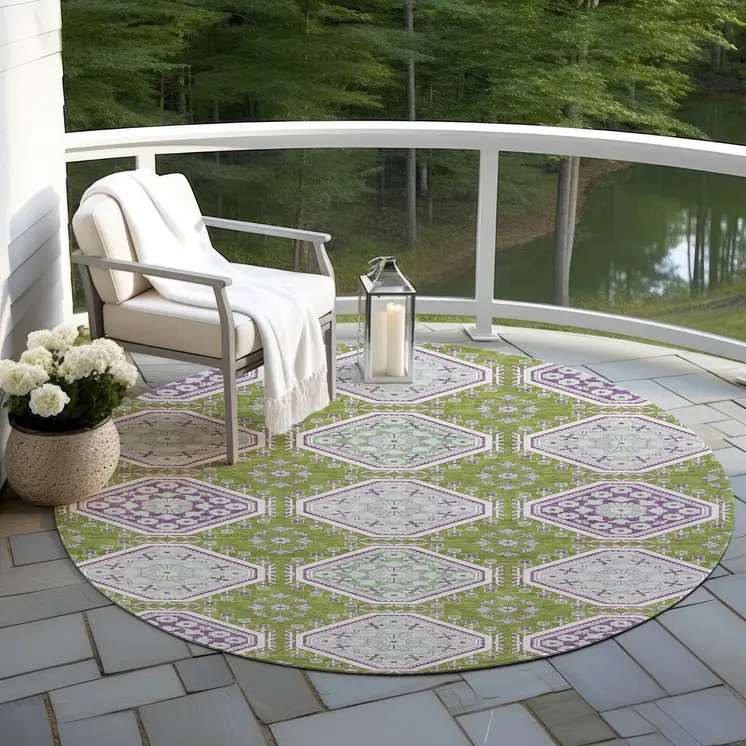 8' Lime Green And Ivory Round Floral Washable Indoor Outdoor Area Rug