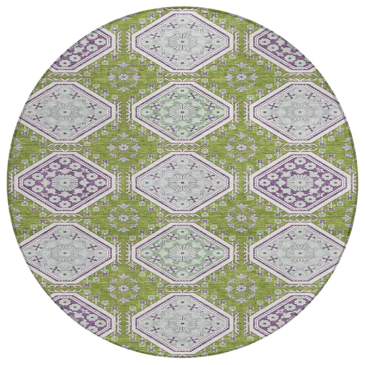 8' Lime Green And Ivory Round Floral Washable Indoor Outdoor Area Rug