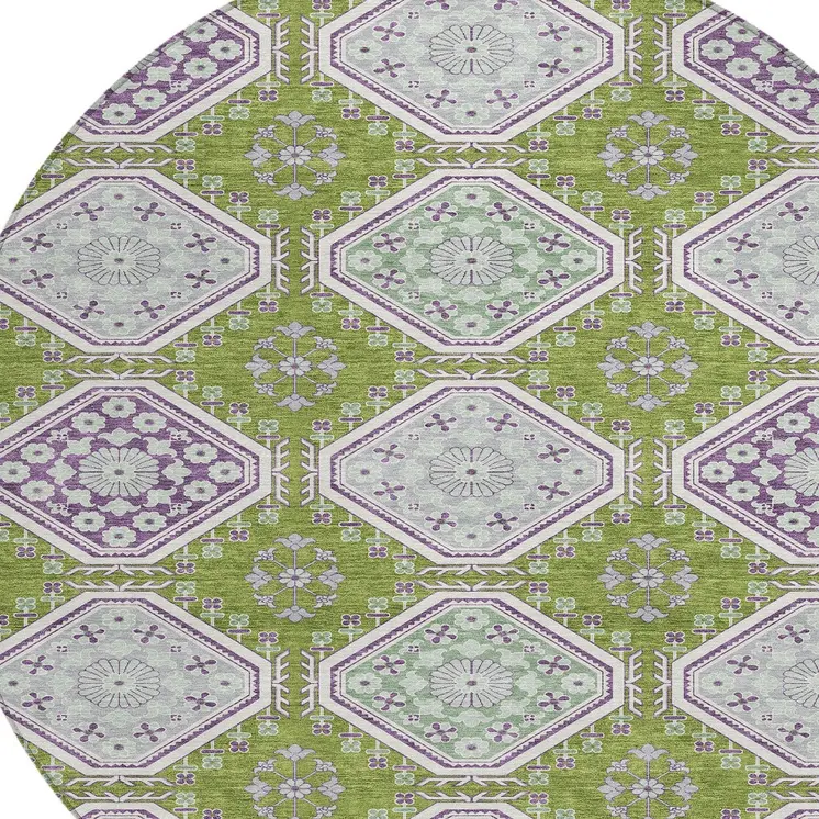 8' Lime Green And Ivory Round Floral Washable Indoor Outdoor Area Rug