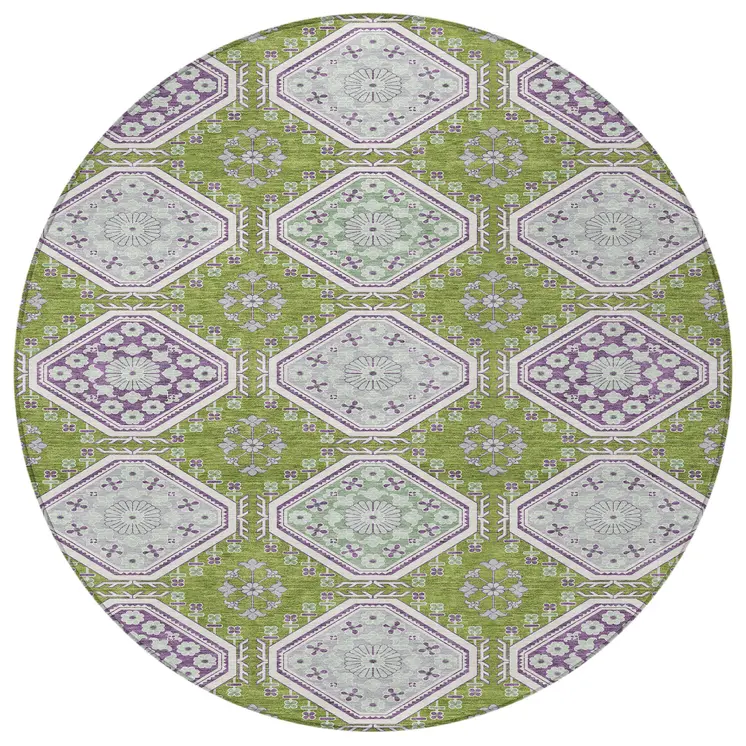 8' Lime Green And Ivory Round Floral Washable Indoor Outdoor Area Rug