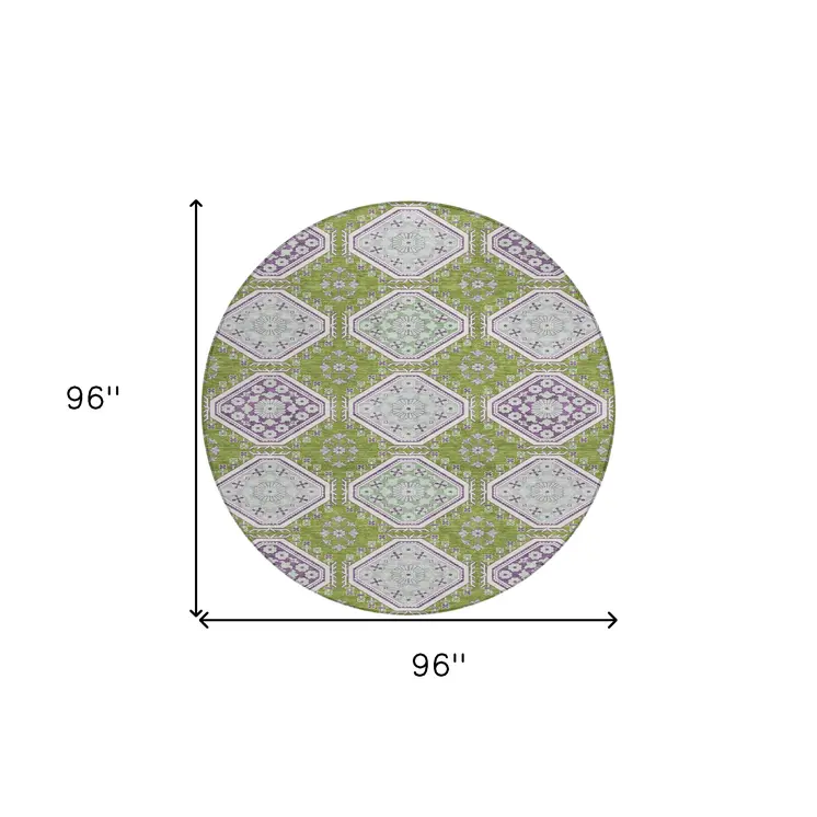 8' Lime Green And Ivory Round Floral Washable Indoor Outdoor Area Rug