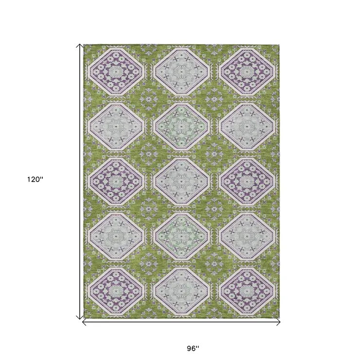 8' X 10' Lime Green And Ivory Floral Washable Indoor Outdoor Area Rug