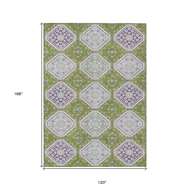 10' X 14' Lime Green And Ivory Floral Washable Indoor Outdoor Area Rug