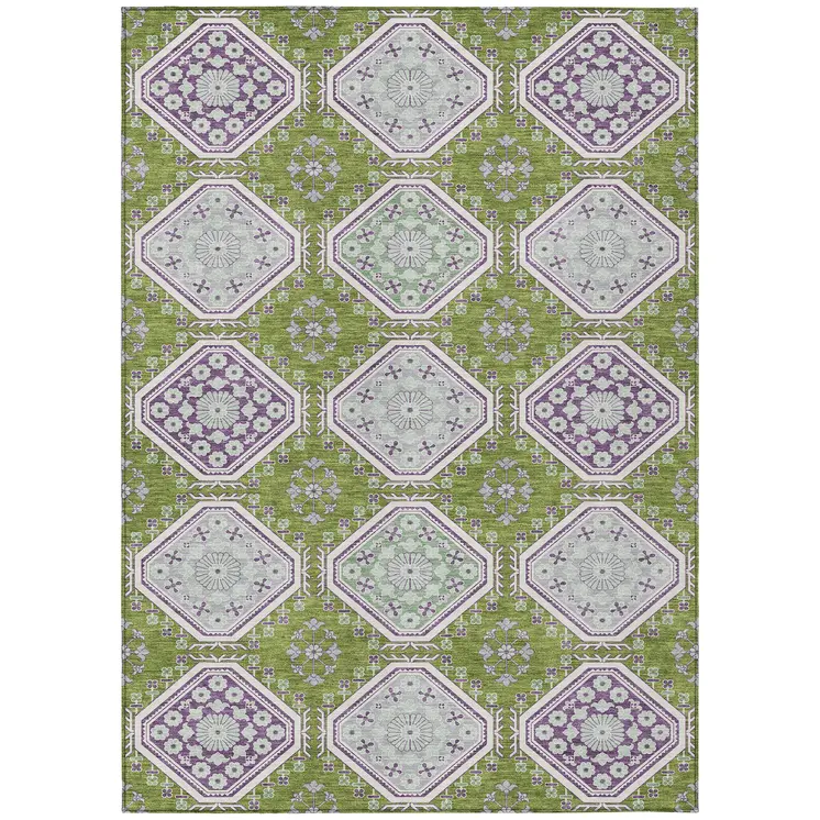 10' X 14' Lime Green And Ivory Floral Washable Indoor Outdoor Area Rug