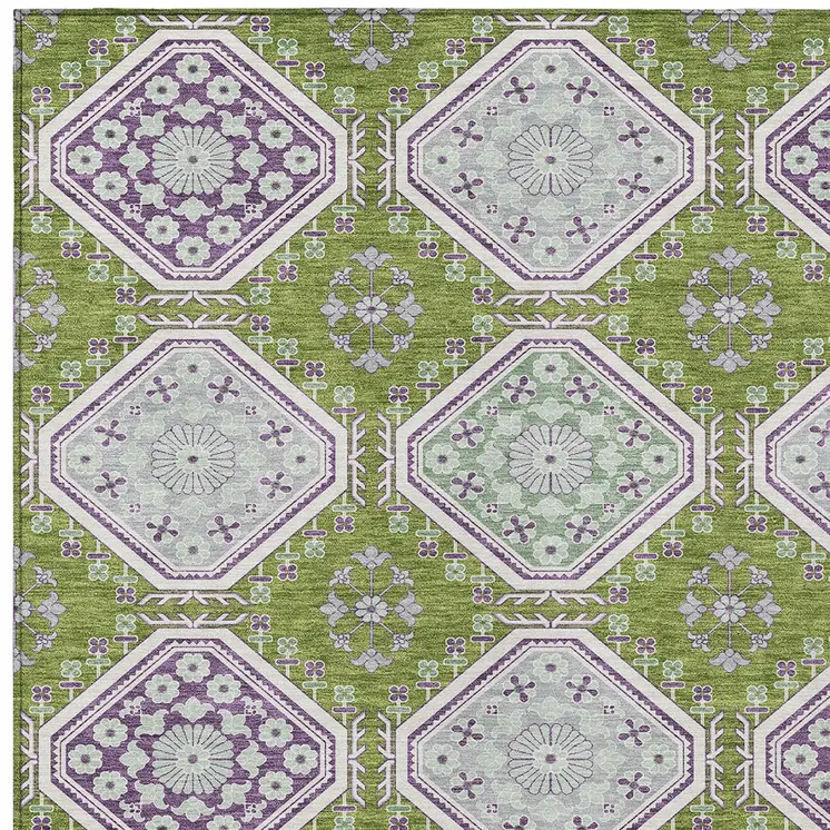10' X 14' Lime Green And Ivory Floral Washable Indoor Outdoor Area Rug