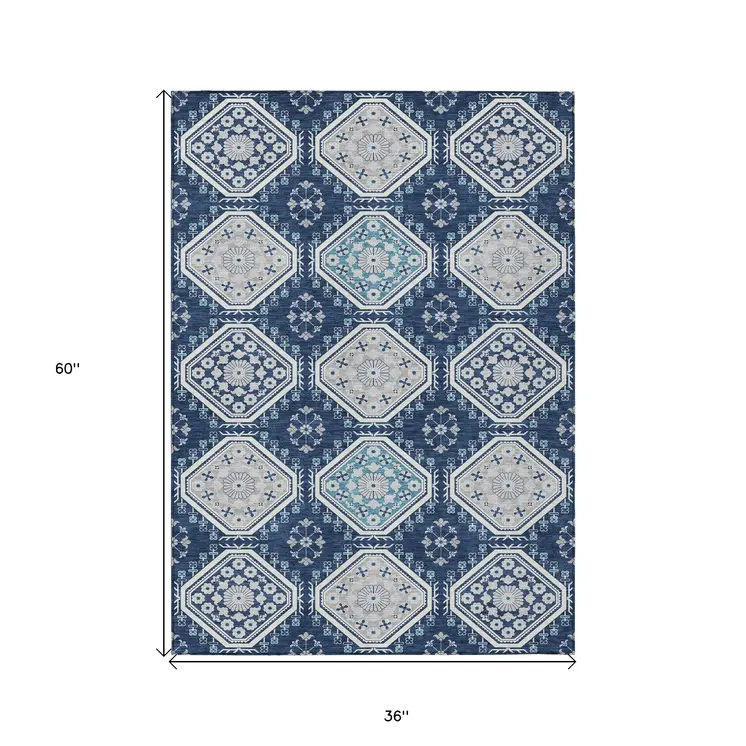 3' X 5' Navy Blue And Teal Blue Floral Washable Indoor Outdoor Area Rug