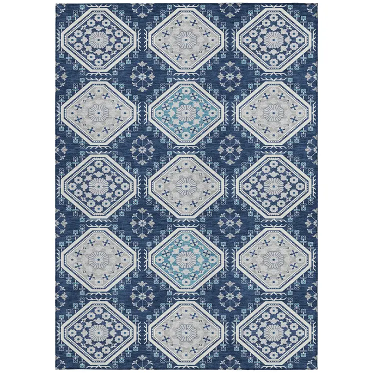 3' X 5' Navy Blue And Teal Blue Floral Washable Indoor Outdoor Area Rug