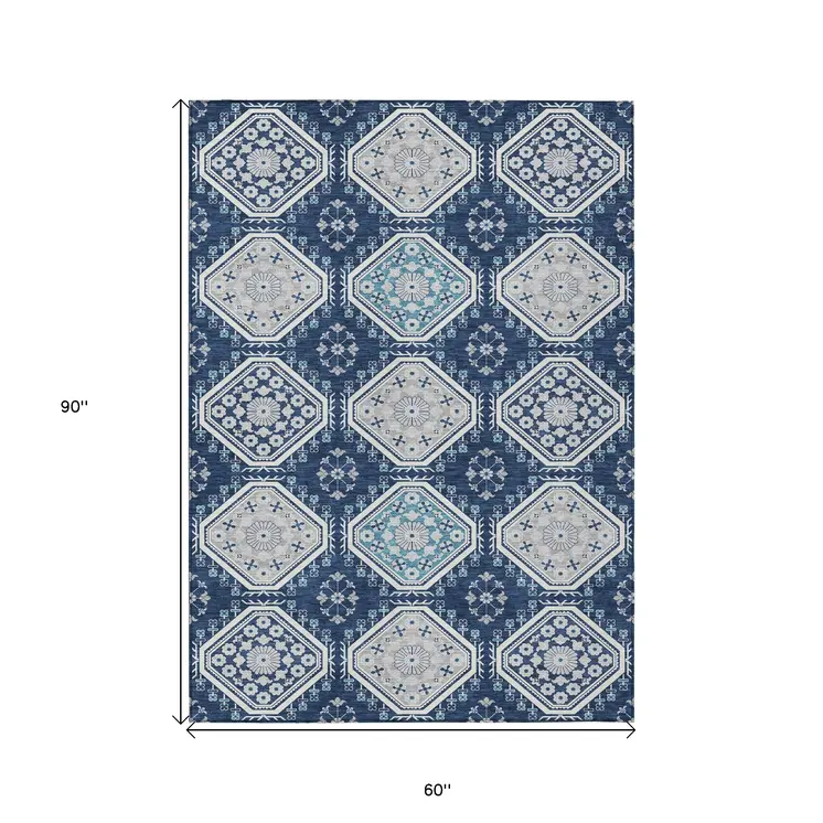 5' X 8' Navy Blue And Teal Blue Floral Washable Indoor Outdoor Area Rug