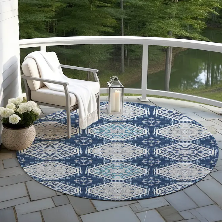 8' Navy Blue And Teal Blue Round Floral Washable Indoor Outdoor Area Rug