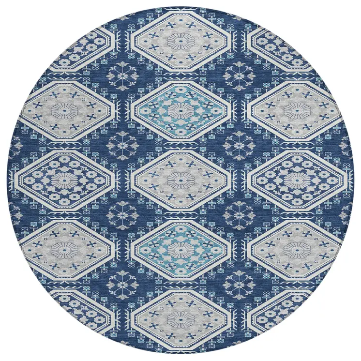8' Navy Blue And Teal Blue Round Floral Washable Indoor Outdoor Area Rug