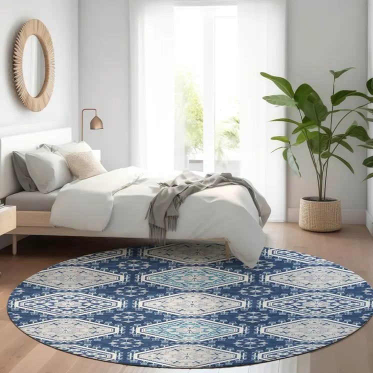 8' Navy Blue And Teal Blue Round Floral Washable Indoor Outdoor Area Rug