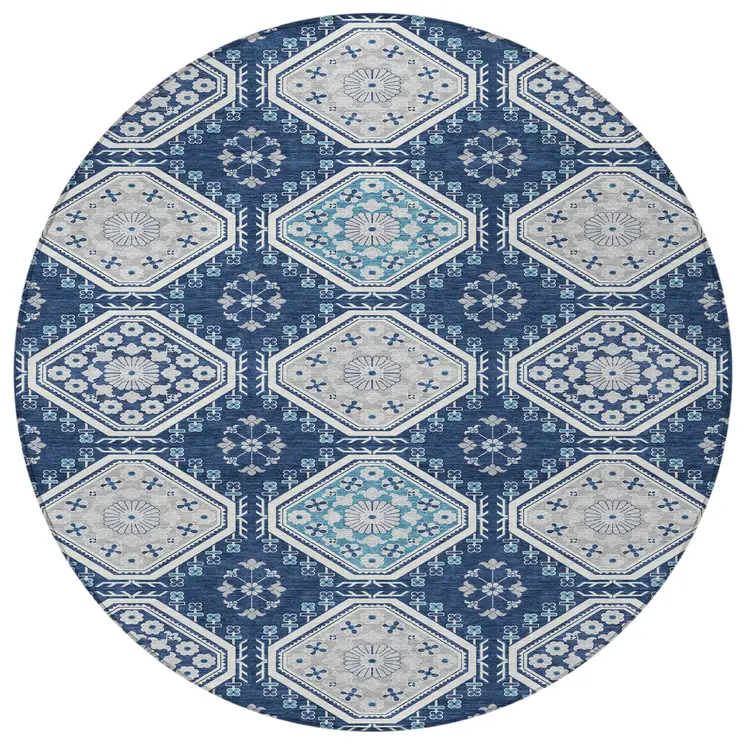 8' Navy Blue And Teal Blue Round Floral Washable Indoor Outdoor Area Rug