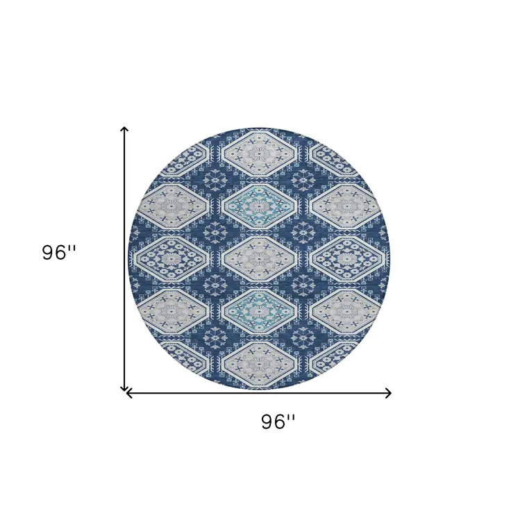 8' Navy Blue And Teal Blue Round Floral Washable Indoor Outdoor Area Rug
