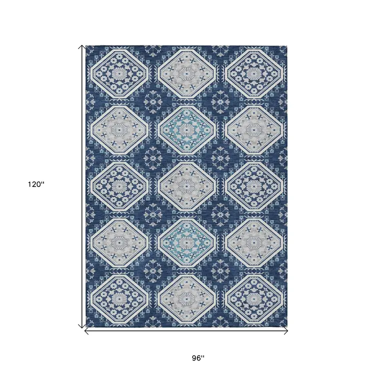 8' X 10' Navy Blue And Teal Blue Floral Washable Indoor Outdoor Area Rug