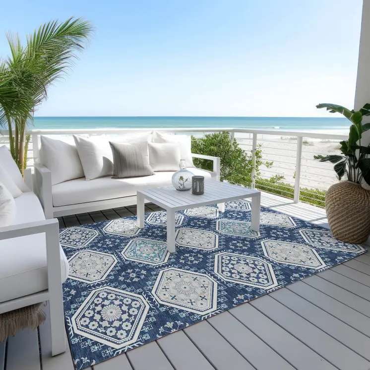 8' X 10' Navy Blue And Teal Blue Floral Washable Indoor Outdoor Area Rug