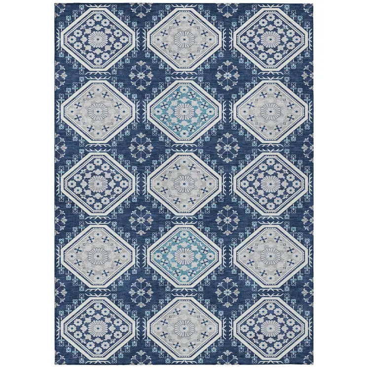 8' X 10' Navy Blue And Teal Blue Floral Washable Indoor Outdoor Area Rug
