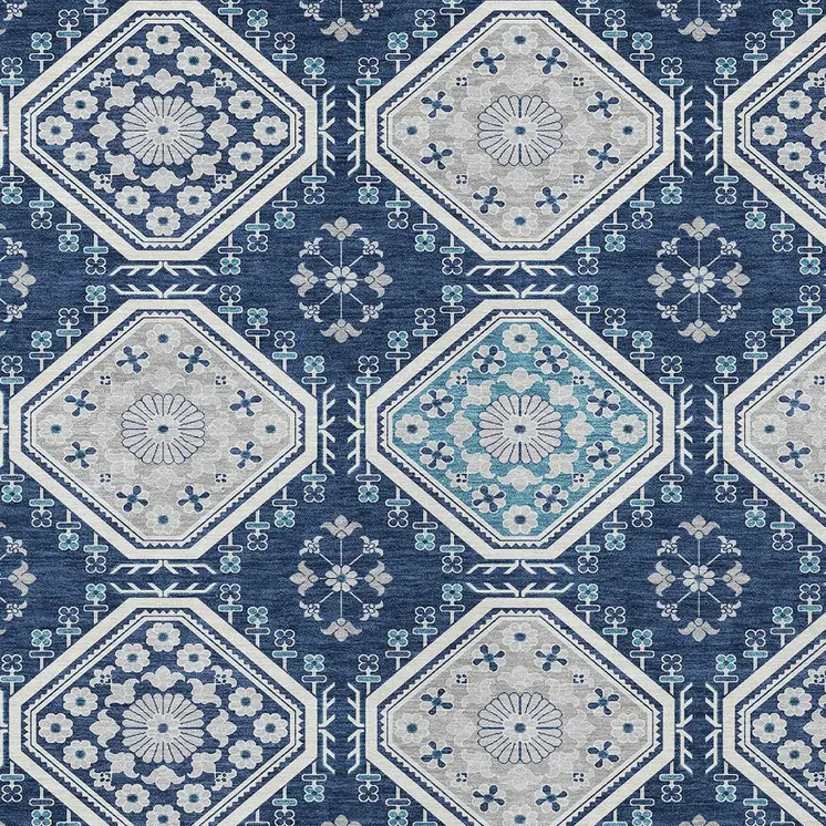 8' X 10' Navy Blue And Teal Blue Floral Washable Indoor Outdoor Area Rug