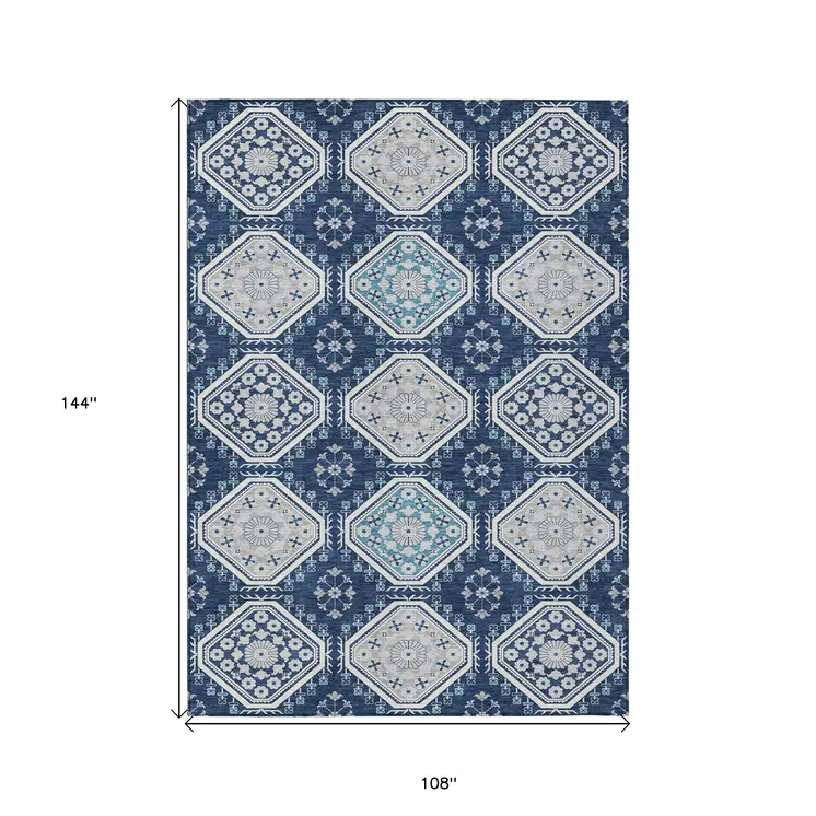 9' X 12' Navy Blue And Teal Blue Floral Washable Indoor Outdoor Area Rug