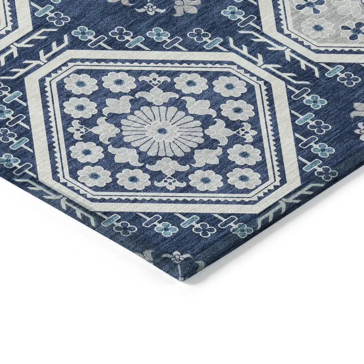 9' X 12' Navy Blue And Teal Blue Floral Washable Indoor Outdoor Area Rug