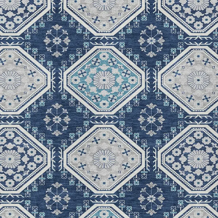 9' X 12' Navy Blue And Teal Blue Floral Washable Indoor Outdoor Area Rug