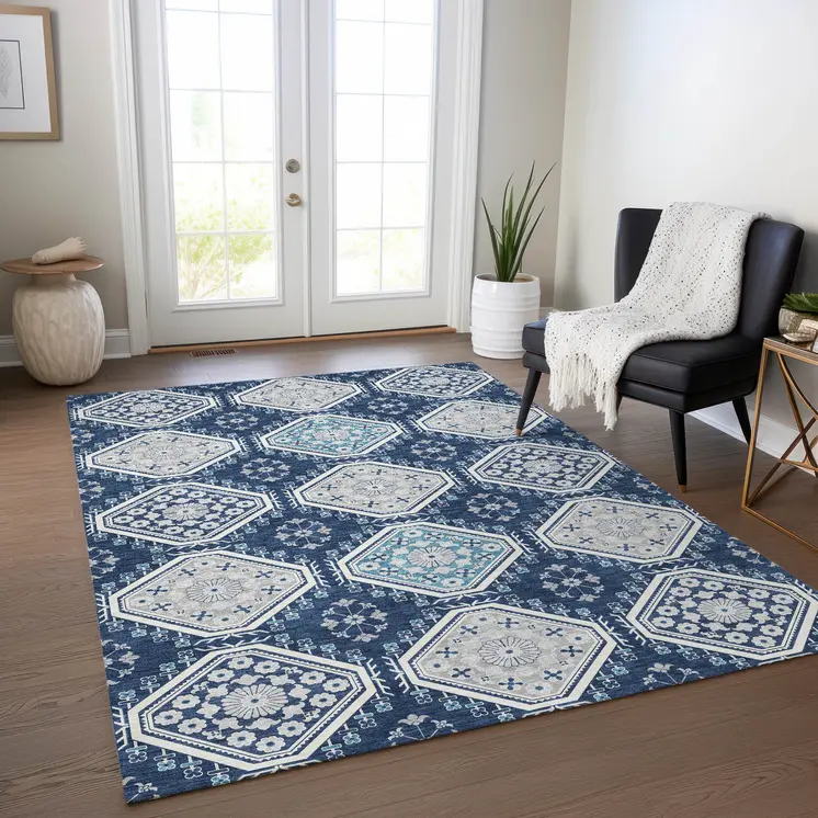 9' X 12' Navy Blue And Teal Blue Floral Washable Indoor Outdoor Area Rug