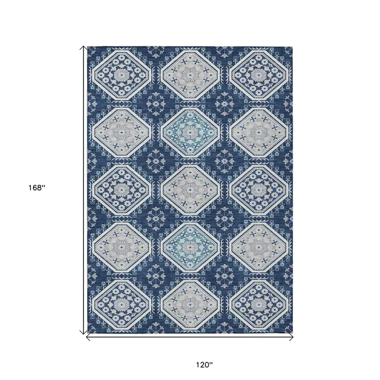 10' X 14' Navy Blue And Teal Blue Floral Washable Indoor Outdoor Area Rug